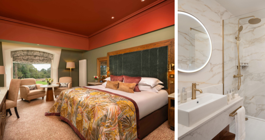 A refurbished bedroom and bathroom at Culloden Estate and Spa, Cultra